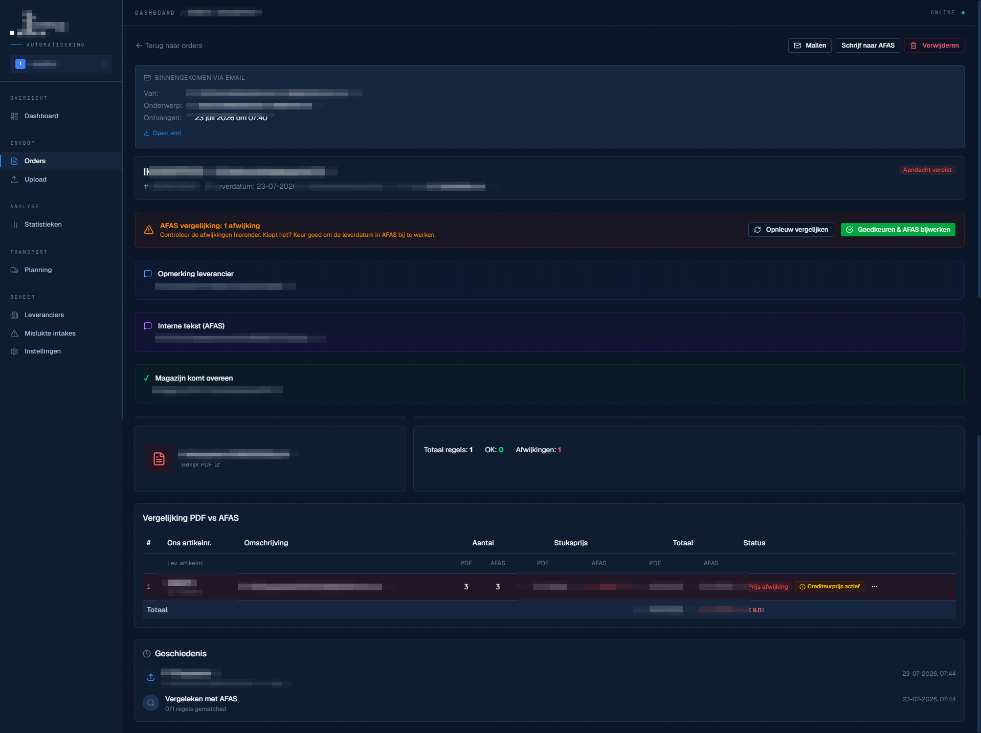Order-detail in het Interfilter-dashboard: PDF vergeleken met AFAS, met een prijsafwijking