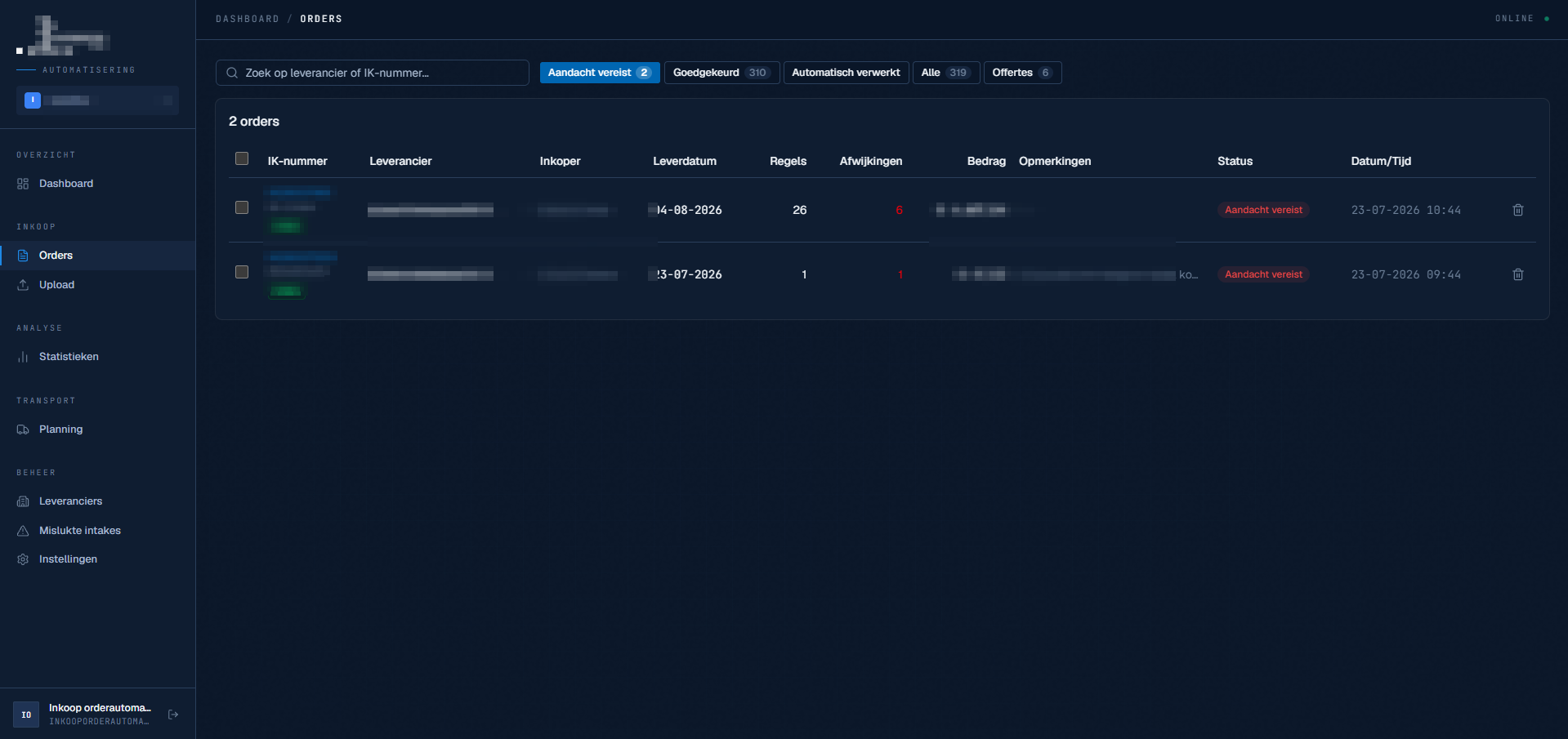 Orderlijst met status en aantal afwijkingen per order