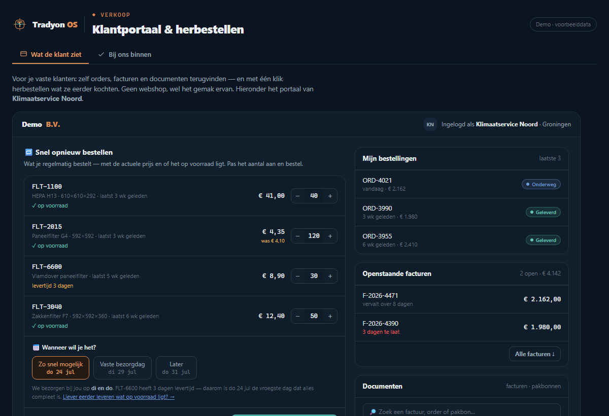 Voorbeeld van de module Klantportaal met herbestellen in het Tradyon-dashboard